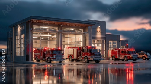Modern Fire Station with Emergency Trucks at Dusk Reflection