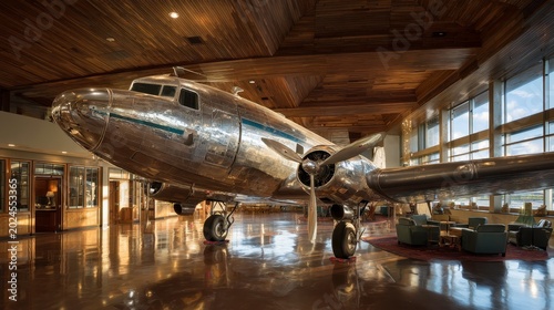 Vintage Airplane Interior Display with Wooden Ceiling Detail