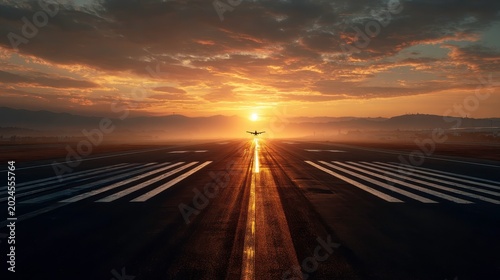Airplane Taking Off at Sunset Overrunway with Dramatic Sky