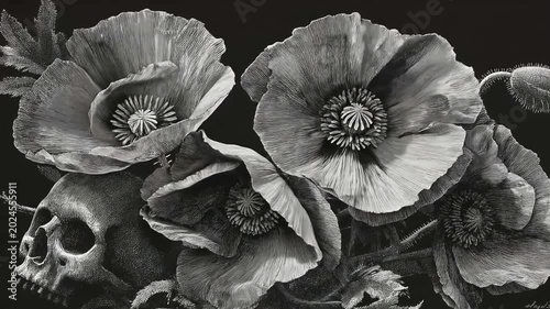 骸骨と花のモノクロ構図で繊細な花弁が妖しく揺れるダークアート風ループ映像 generative ai
