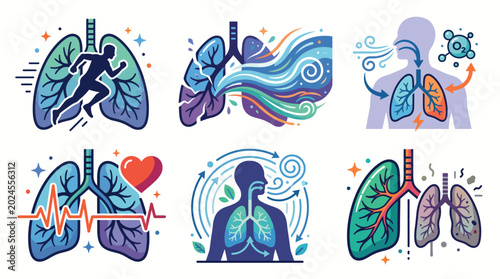 Set of human lung health and respiratory system illustrations.