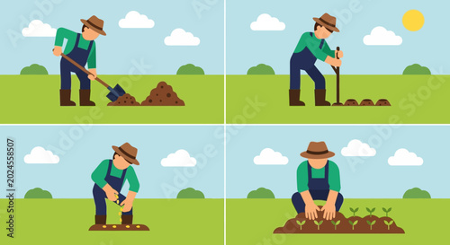Konstfotografi A series of illustrations depicting a farmer engaged in various stages of planting, from digging to nurturing seedlings