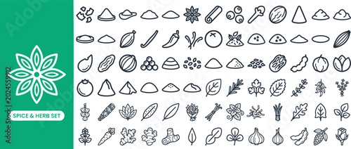 Bild auf Leinwand Spice and Herb Seasoning outline icon set
