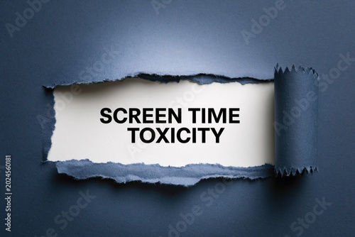 Screen Time Toxicity revealed under a ripped paper surface