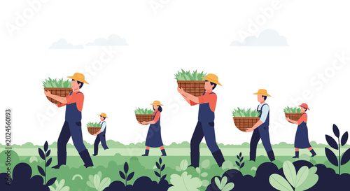 Obraz na płótnie Group of farmers harvesting crops in a field, carrying baskets full of fresh produce