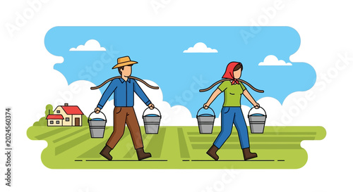 Obraz na płótnie Two farmers carrying buckets of water on a farm.