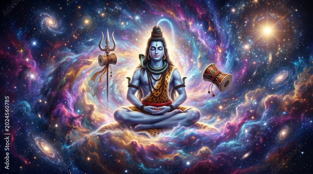 Obraz premium Lord Shiva meditating in the cosmic galaxy. Hindu deity sitting in lotus pose surrounded by nebula and stars. Spiritual representation of divine energy, meditation and yoga concept.