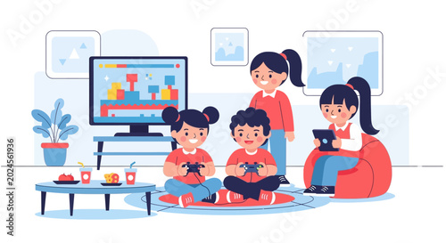 Children playing video games and using tablets in a cozy living room setting.