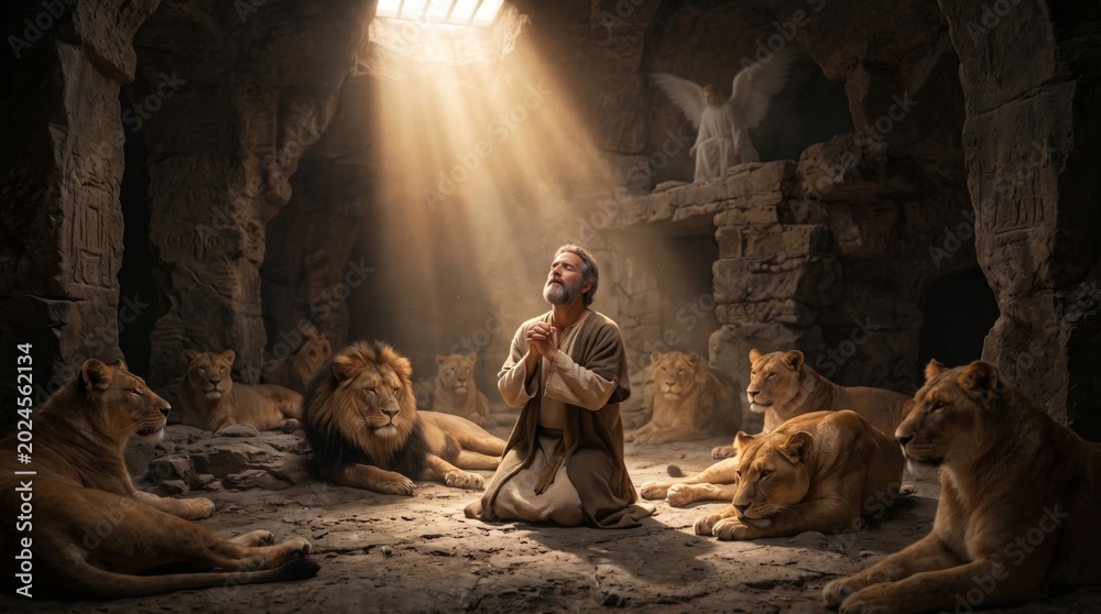 Fototapeta premium Prophet Daniel praying in a lion den with an angel. Biblical scene depicting faith and divine protection. Religious artistic illustration for Christian church study and education.