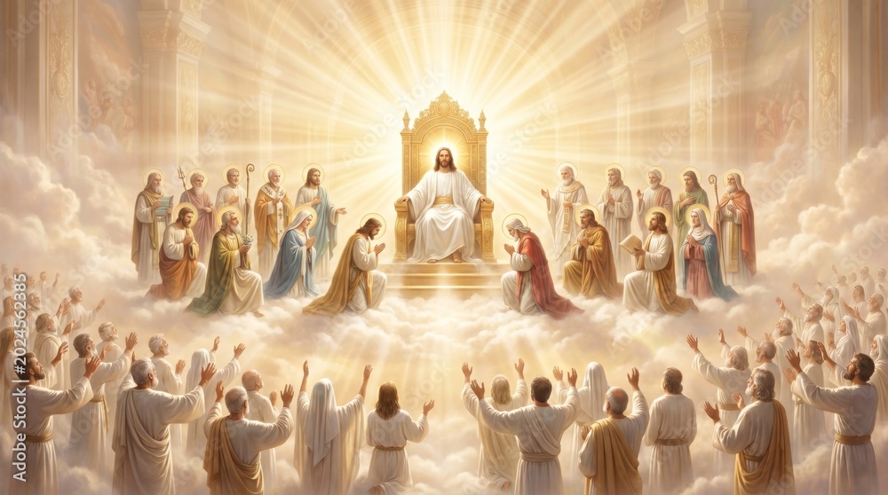 Fototapeta premium Jesus Christ sitting on golden throne in heaven surrounded by saints and apostles. Religious scene of divine glory and prayer. Spiritual concept for christian faith and worship.