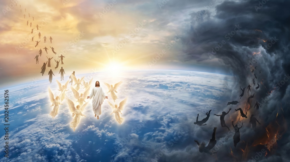 Fototapeta premium Jesus Christ ascending to heaven with angels and souls. Concept of the rapture and divine judgment showing believers saved and the condemned falling into darkness. Spiritual Christian art.
