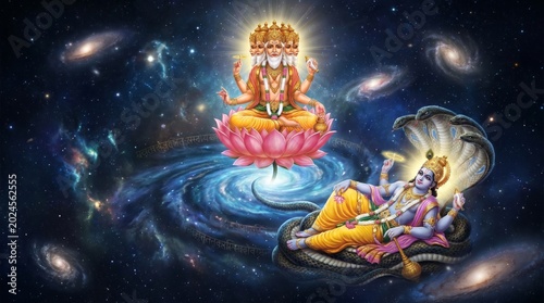 Lord Brahma and Lord Vishnu floating in deep space. Hindu deities representing creation and preservation in the vast universe. Spiritual illustration of divine cosmic mythology.