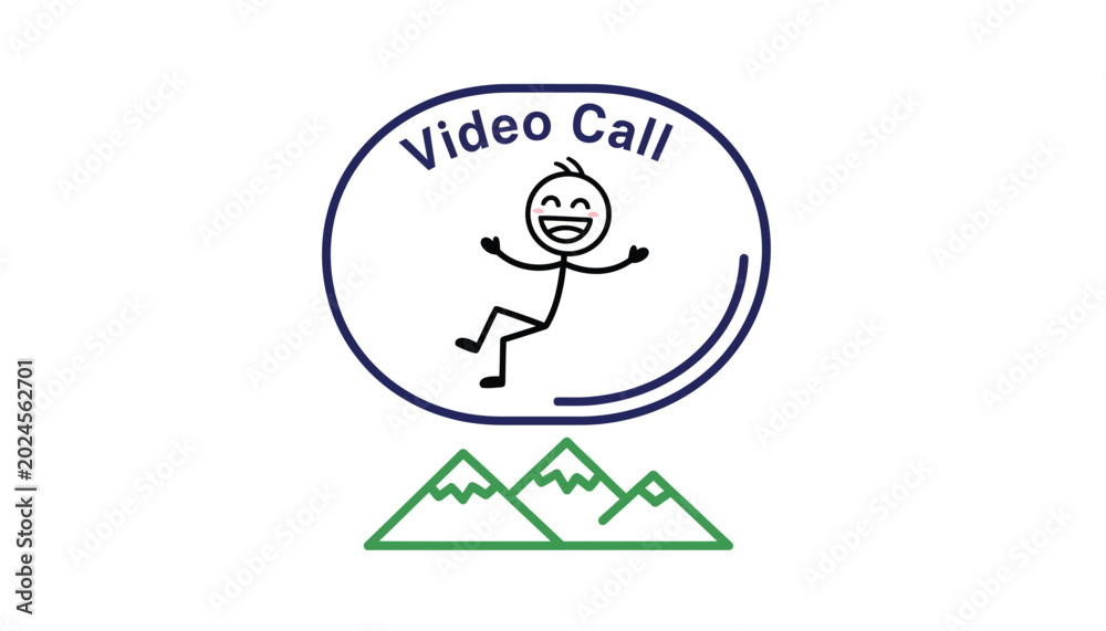 Fototapeta premium Stick figure character celebrates a successful video call while floating above stylized green mountain peaks.