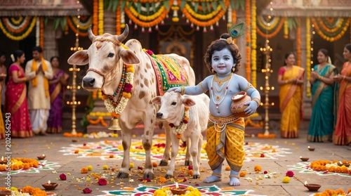 Hindu deity Krishna child standing with cow and calf during Janmashtami festival. Traditional Indian celebration with diya lamp and marigold flower decoration in temple courtyard.