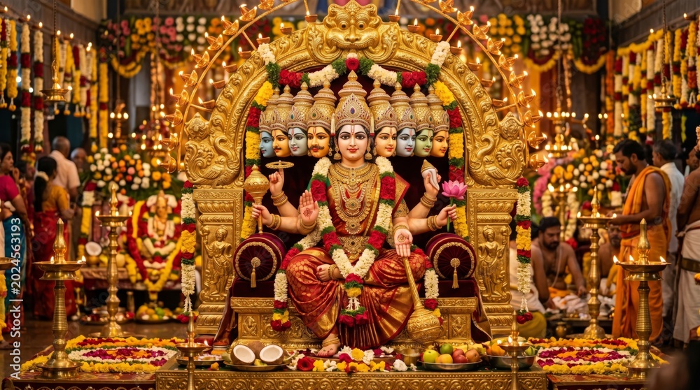 Fototapeta premium Goddess Durga idol decorated with floral garlands seated on golden throne inside Hindu temple. Traditional Indian religious celebration and worship. Cultural spiritual ritual concept.
