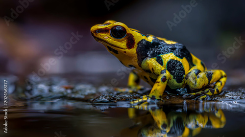 Yellow and black poison dart frog with red eyes perched on wet rock in tropical rainforest habitat