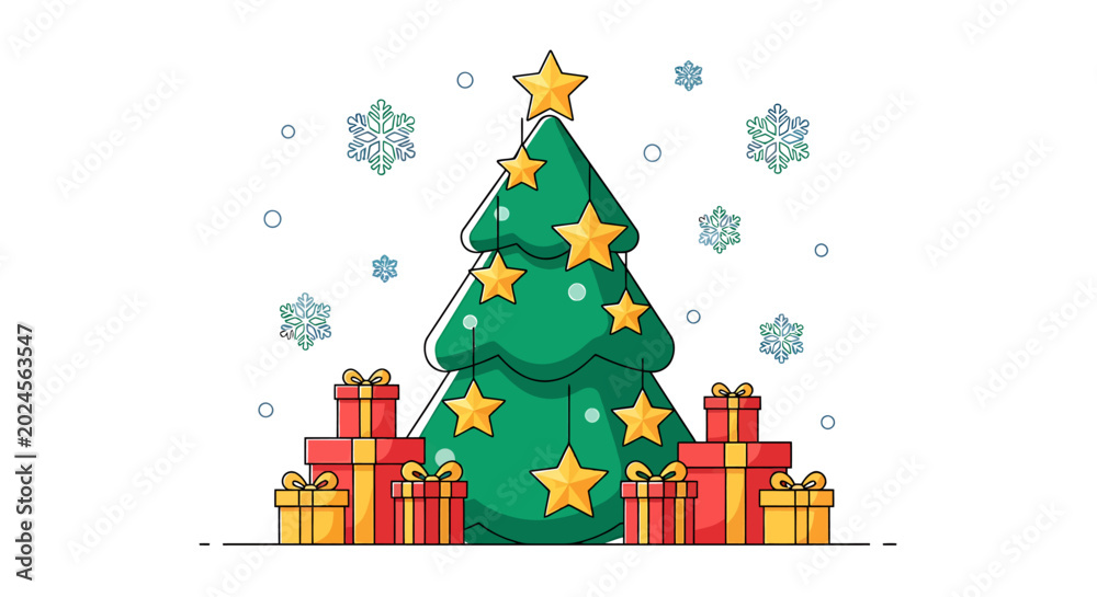 Naklejka premium Emerald Green Christmas Tree Decorated With Golden Stars and Surrounded by Red Gift Boxes