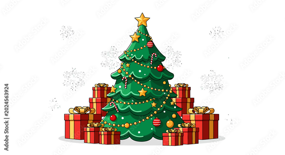 Naklejka premium Festive Green Tree With Gold Stars Surrounded by Red Gift Boxes and Snowflakes