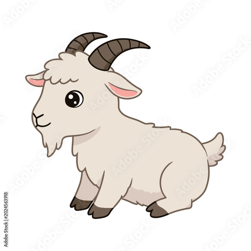 A cartoon goat with curved horns and pink ears stands on a plain surface.