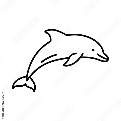 An illustration of a dolphin jumping out of the water in a natural environment.