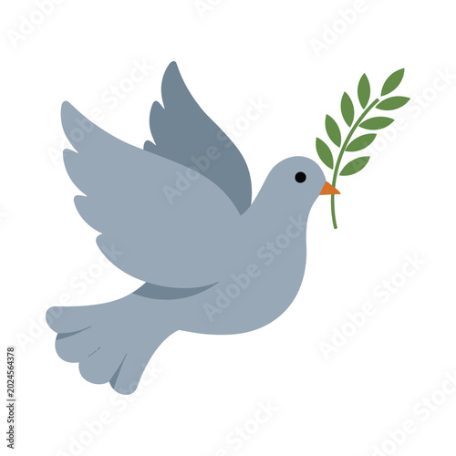 A dove flies peacefully outdoors holding a green olive branch in its beak.