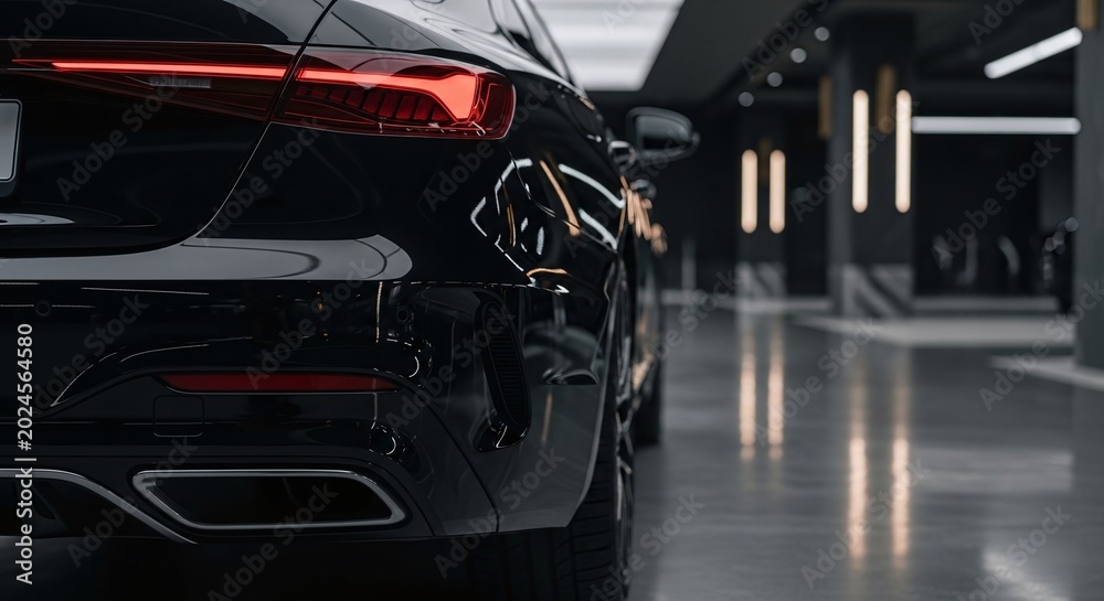 Naklejka premium Rear Detail of Premium Black Car in Dark Luxury Garage