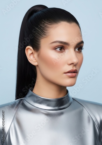 Beautiful Young Woman With High Dark Ponytail Hair Wearing Futuristic Shiny Silver Metallic Clothing