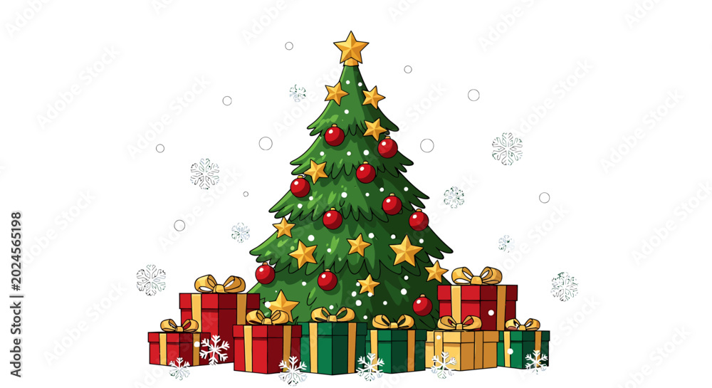 Naklejka premium Green Christmas Tree With Gold Stars and Red Ornaments Surrounded by Gift Boxes on White