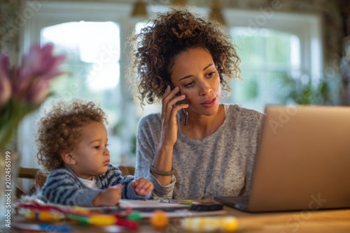 Mother working on laptop with toddler playing nearby
