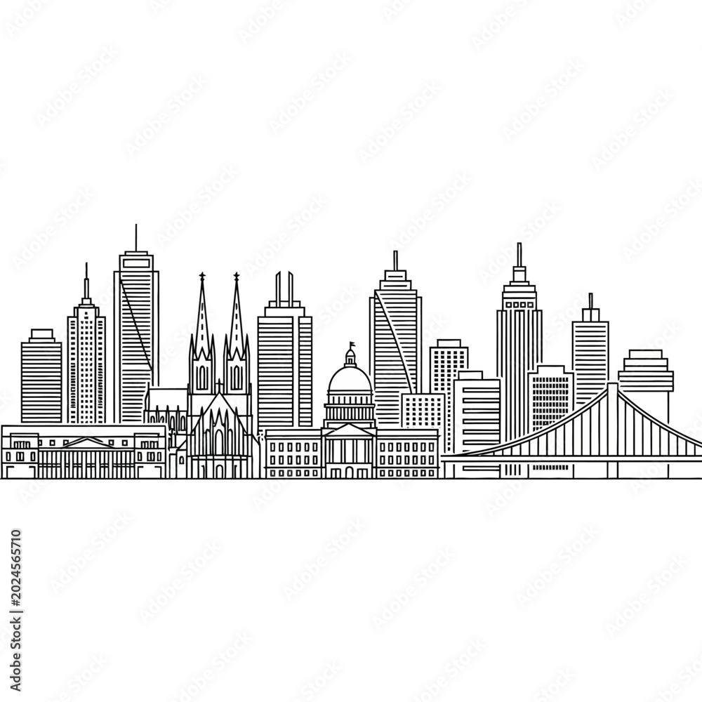 Obraz premium Urban skyline silhouette illustration with buildings and structures