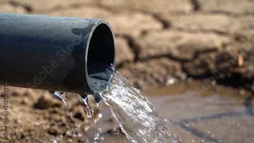 Water flowing from pipe into dry cracked earth environment