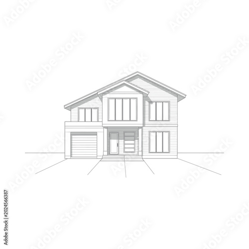 A detailed illustration of a modern two-story house with a garage and front door in a suburban landscape setting.