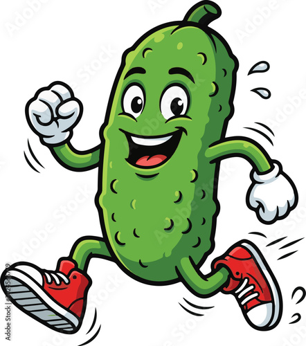 Cartoon pickle character running vector. Green cucumber mascot illustration with white gloves and red sneakers. Healthy food vegetable mascot, fitness gherkin athlete, funny jogging vegetable