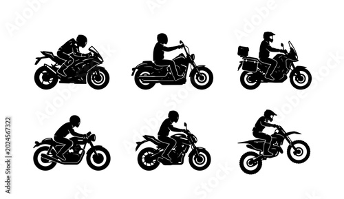 Foto Motorcycle Silhouettes Collection, Diverse Rider Poses, Sport Bike, Cruiser, Adv