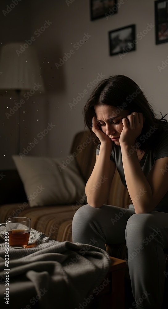 Obraz premium Woman sitting alone in a dimly lit room, feeling sad and stressed.