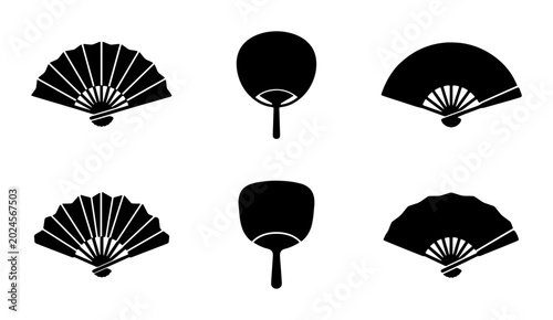Schilderij op canvas Set of 6 Black Silhouette Japanese Hand Fans, Traditional Folding and Round Styl
