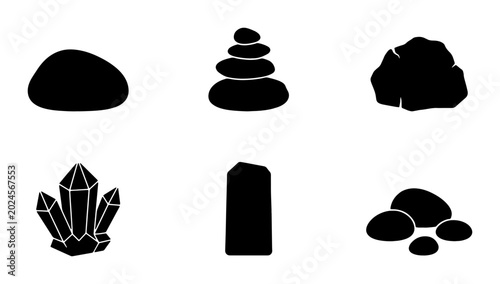 Canvas Print Stone Icons Set: Smooth Pebbles, Stacked Zen Stones, Rough Rocks, Crystal Geode,