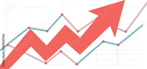 Schilderij op canvas Financial stock market growth graph with rising red arrow and line charts for bu