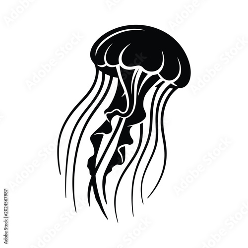 A black illustration of a jellyfish swimming in the ocean water.