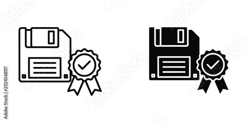 Foto Verified legacy data storage floppy disk with quality seal icon diskette technol