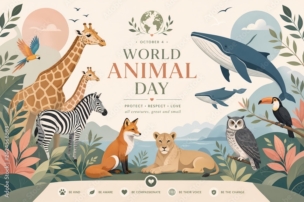 Fototapeta premium Colorful illustration for World Animal Day featuring diverse animals.