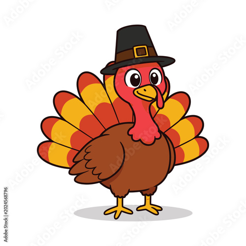 A cartoon turkey wearing a pilgrim hat stands on a surface