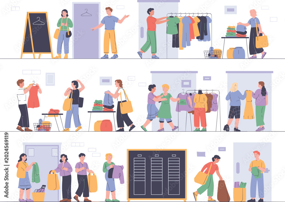 Fototapeta premium People Shopping for Clothes in a Store, Browsing Racks and Shelves with Apparel