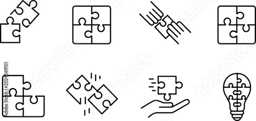 Tableau sur toile Vector set of black line jigsaw puzzle icons representing teamwork collaboration