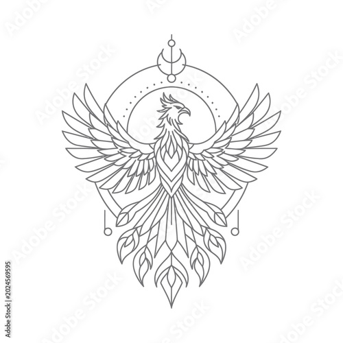 A majestic phoenix rises from flames in mystical circle surrounded by feathers.