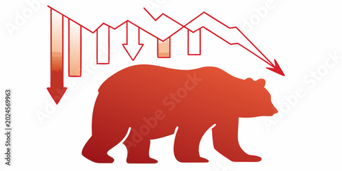 Tableau sur toile bear silhouette with declining stock chart on white background