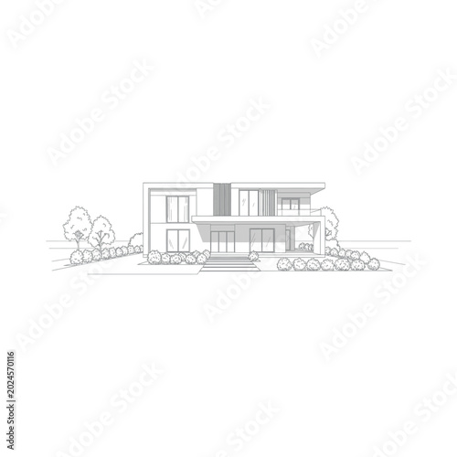 A modern house with large windows and a flat roof is surrounded by trees and bushes in a landscape.