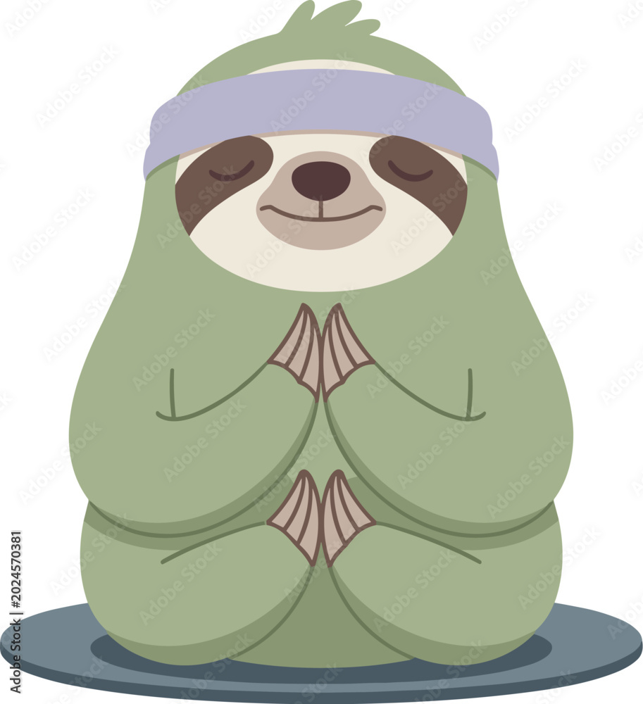 Obraz premium A cute cartoon sloth in a green outfit sitting in a meditative yoga pose with eyes closed for inner peace