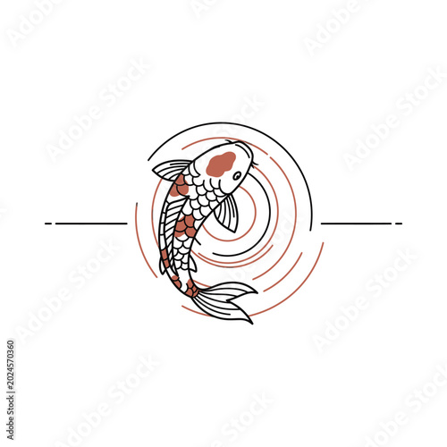 Illustration of a koi fish swimming in circular motion with red and black lines