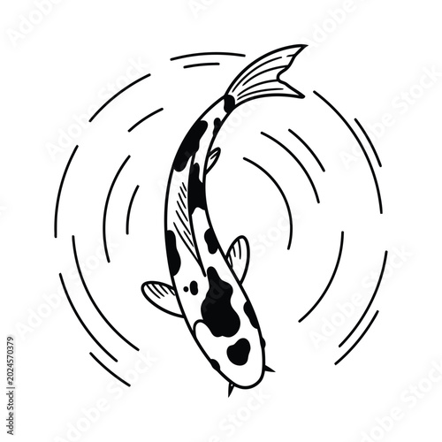 A koi fish swims in water with circular ripples around it.